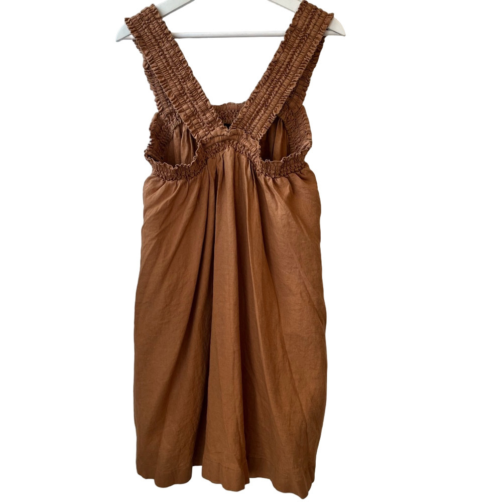 Everlane The Smocked Linen Mini Dress Rust Light Brown Sleeveless Relaxed Fit XL - Picture 6 of 11